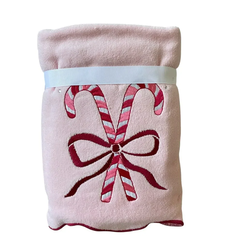 2pc Kassatex Christmas Hand Towels Candy Cane with Bow Cotton Holiday Pink NEW